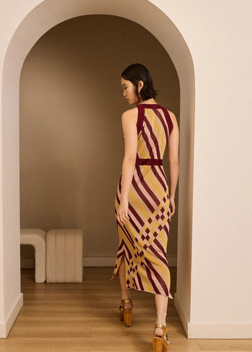 Vestido de lurex de intarsia granate
